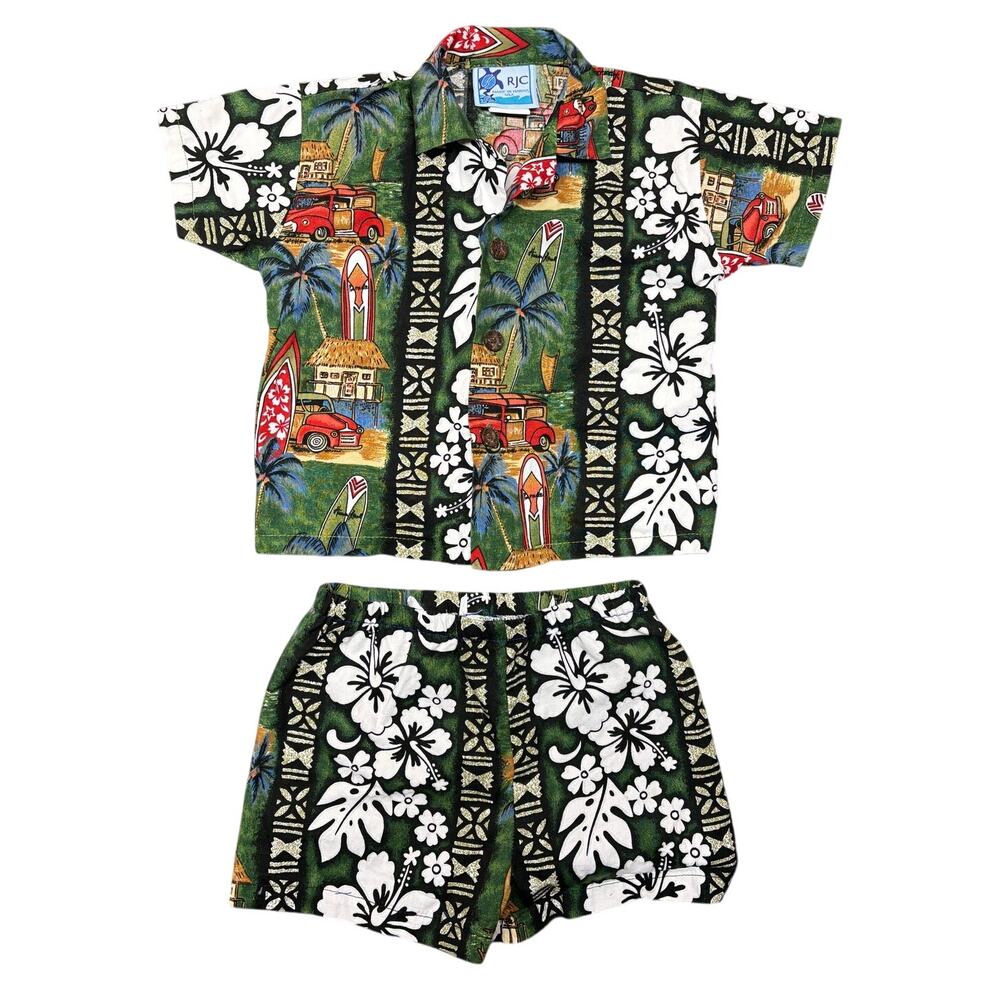 Vintage Hawaiian Set 12 Months Green RJC Hibiscus Floral USA Made Cotton